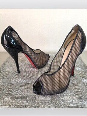 Christian Louboutin Black Patent Leather Mesh Peep-Toe Heels EU 39 Fits US 8